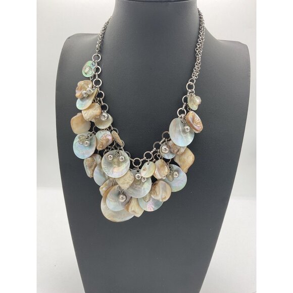 Mother-Of-Pearl Shell Disc Statement Necklace With Metal Chain - Picture 1 of 4